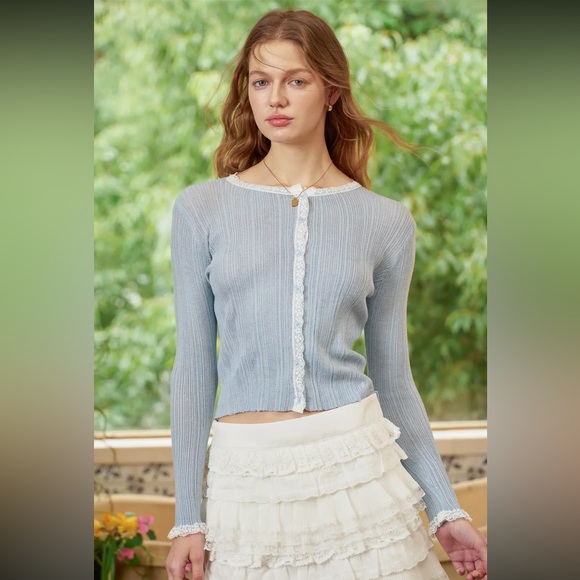 951. Lace trim knit long sleeve cardigan in powder blue - Picture 2 of 4